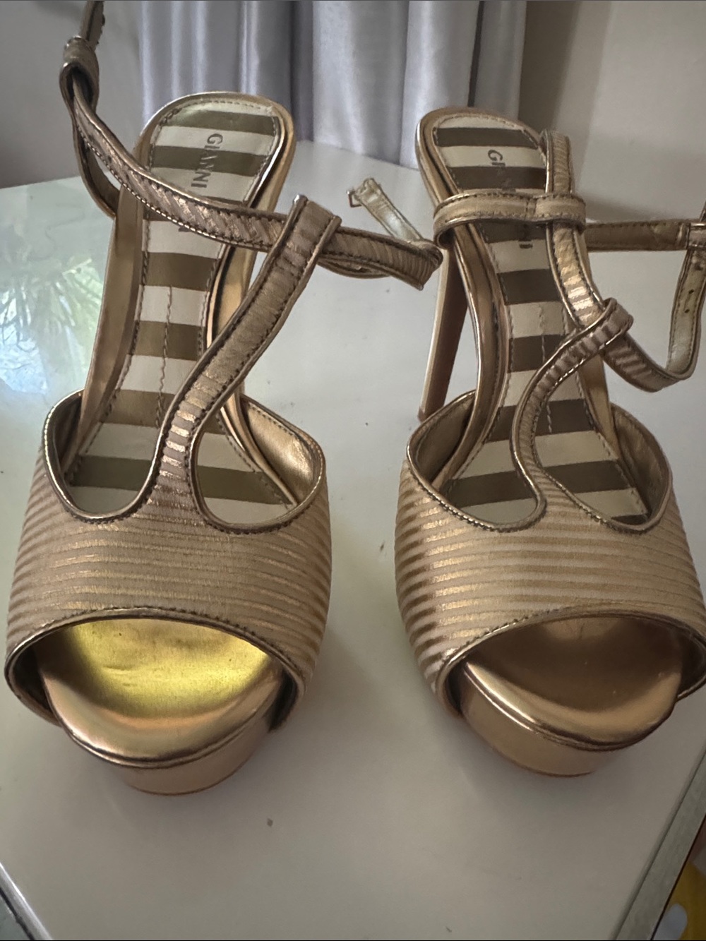 Ganni Metallic Gold Open-Toe Strappy Platform Heels